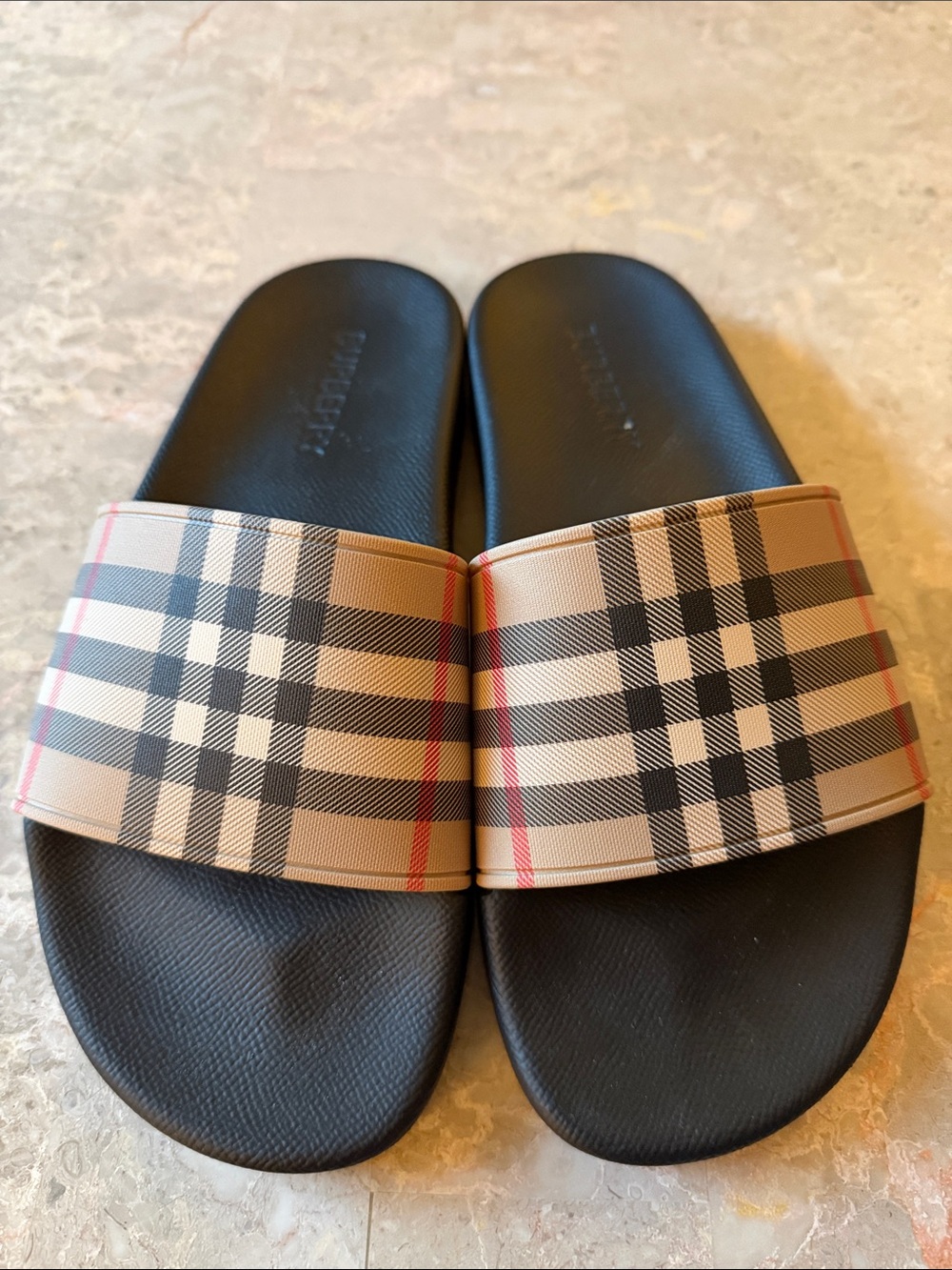 Burberry Black Footbed Slides with Beige Plaid Straps